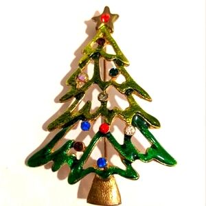 Vintage 1960s Enamel Rhinestone Open  Christmas Tree  Pin Brooch